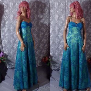 Vintage Y2K Prom Dress Size Medium 2000s Retro Neon Blue Maxi Glitter Rhinestone